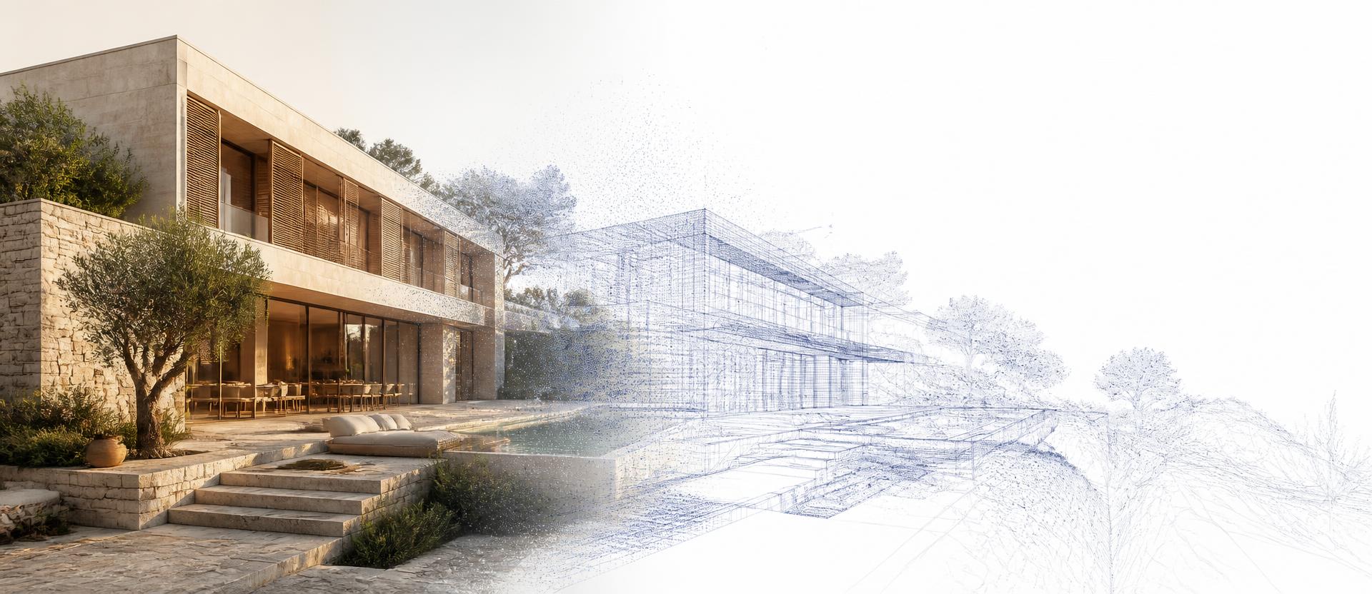 Contemporary Mallorca villa in limestone resolving into a LiDAR point cloud and wireframe model of the same building