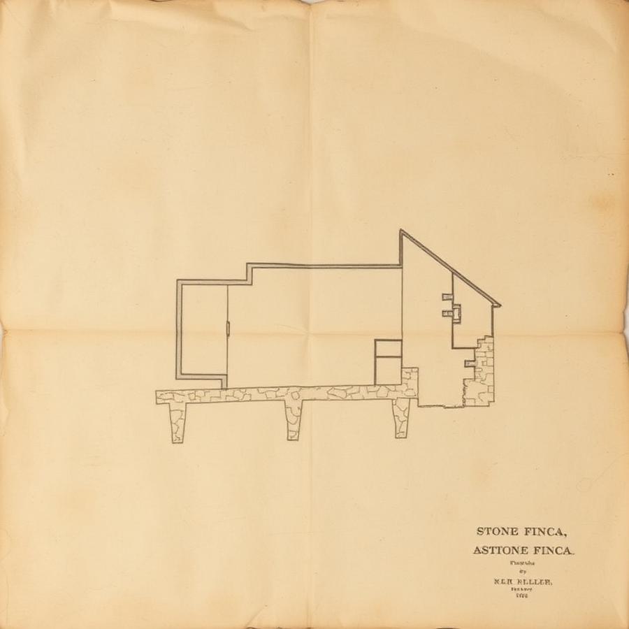 Aged architectural plan sheet of a stone finca with imprecise linework